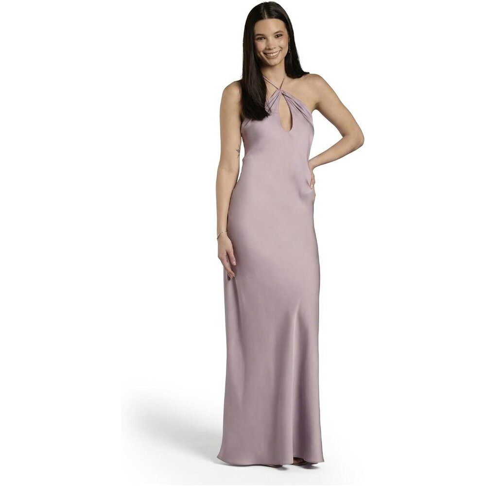 Women's Lavender Polyester Bridal Charmeuse Plunge Seamed Slim A Line Maxi